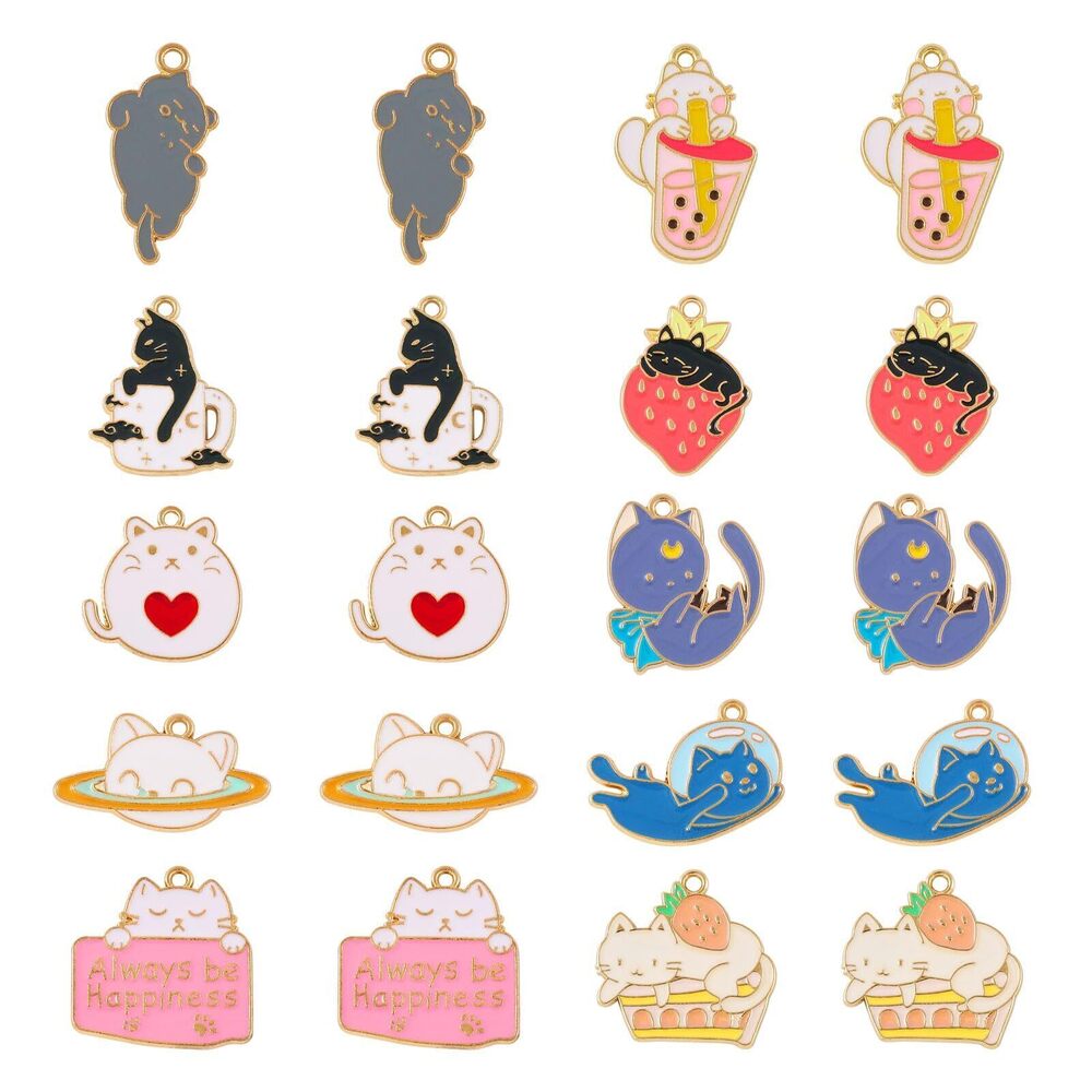 2212 20Pcs Enamel Cat Charms Pendants Cute Animal Alloy Charms Flat Back